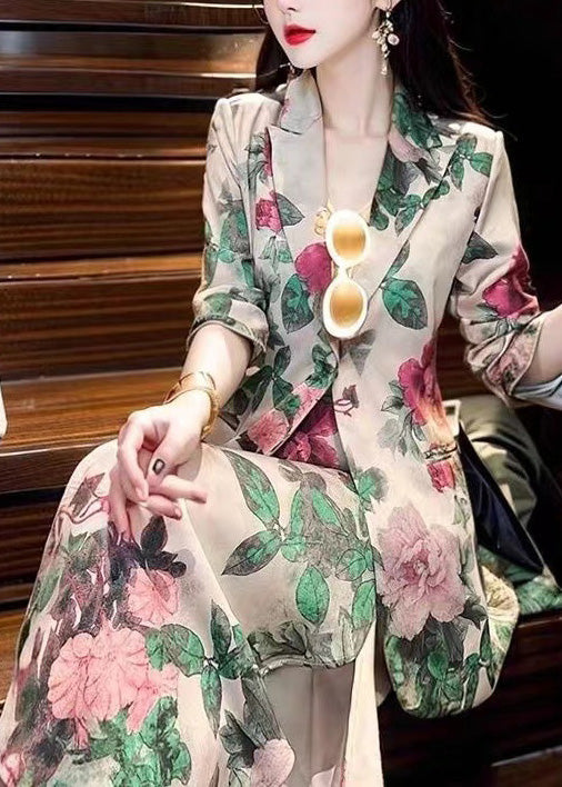 Peter Pan Collar Print Silk Two Pieces Set Fall