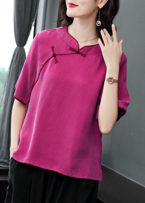 Rose O-neck Oriental Button Color Silk Shirt Top Short Sleeve