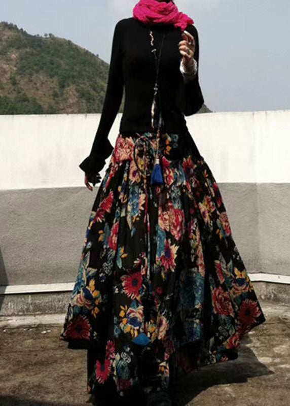 Black Wrinkled Asymmetrical Print Cotton Skirts Spring