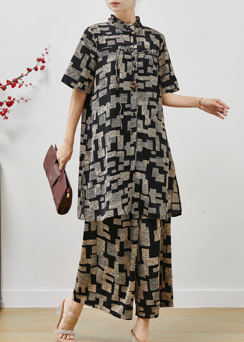 Black Stand Collar Print Chiffon Two Pieces Set Summer