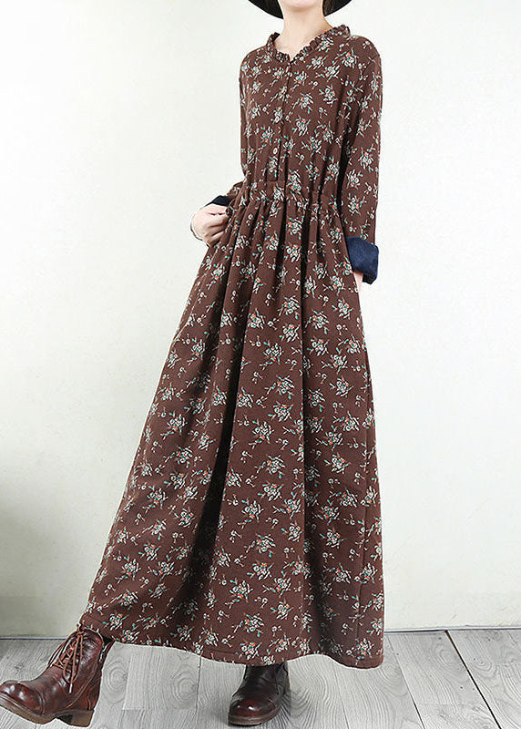 Red O-neck Cinched Print Warm Fleece Long Dresses Long Sleeve