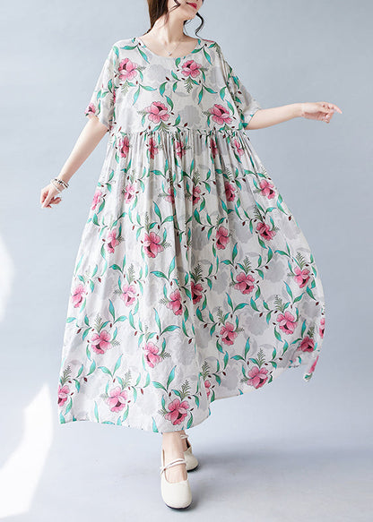 Pink Print Patchwork Holiday Long Dress Short Sleeve