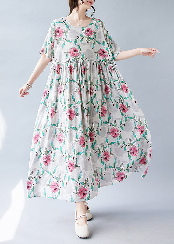 Pink Print Patchwork Holiday Long Dress Short Sleeve