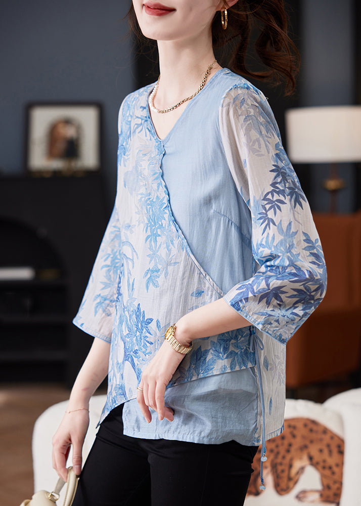 Blue Asymmetrical Print Tie Waist Chiffon Top Bracelet Sleeve
