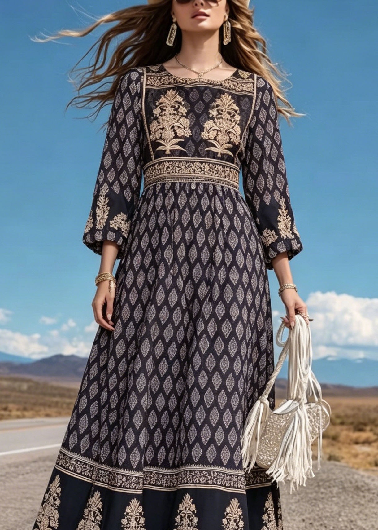 Black O Neck Print Cotton Long Dress Summer