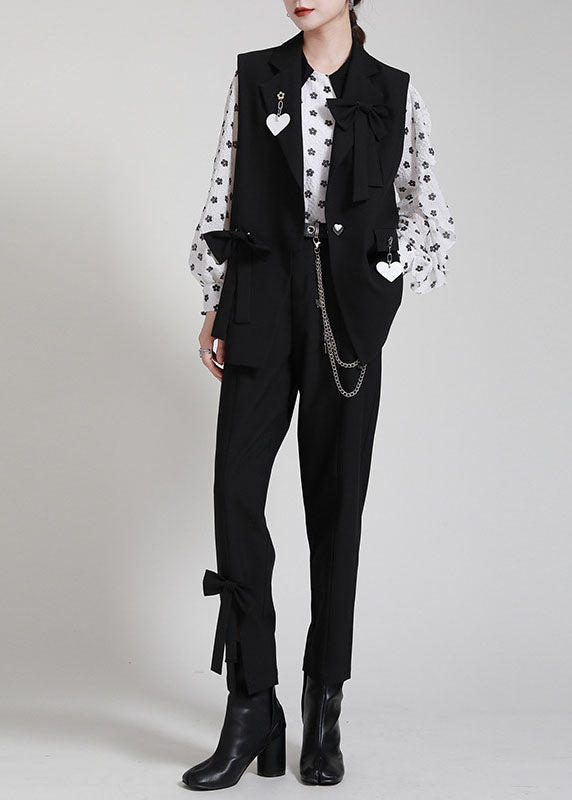 Loose Black Peterpan Collar Button Bow Fall Sleeveless Vest