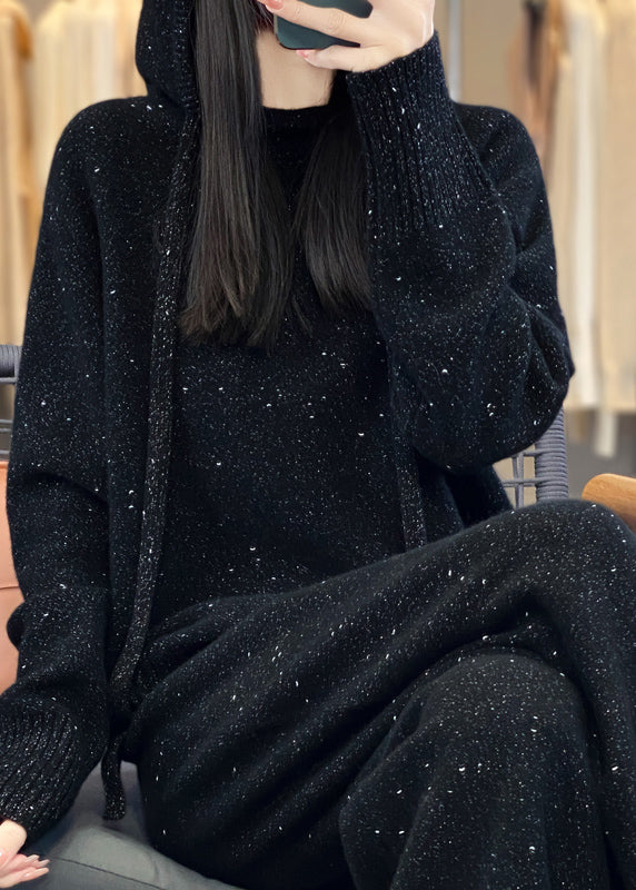 Organic Black Hooded Sweaters and Pants Woolen Two Pieces Set Fall