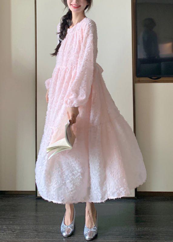 Pink O-neck Patchwork Lace Long Dress Spring
