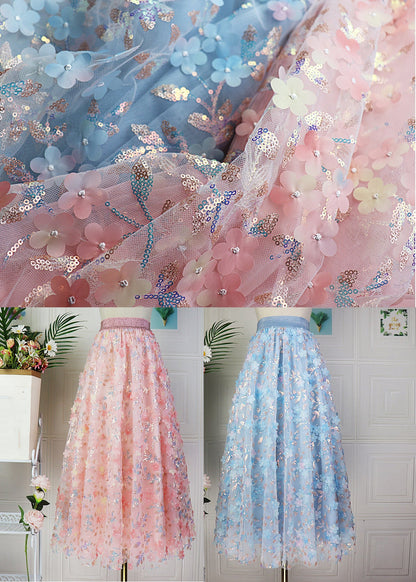 Blue Embroideried Elastic Waist Tulle Maxi Skirt Spring
