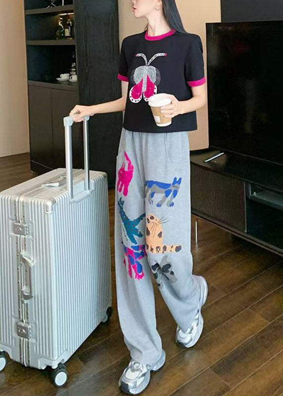 O-neck Print Patchwork Top Jeans and Two Pieces Set Summer