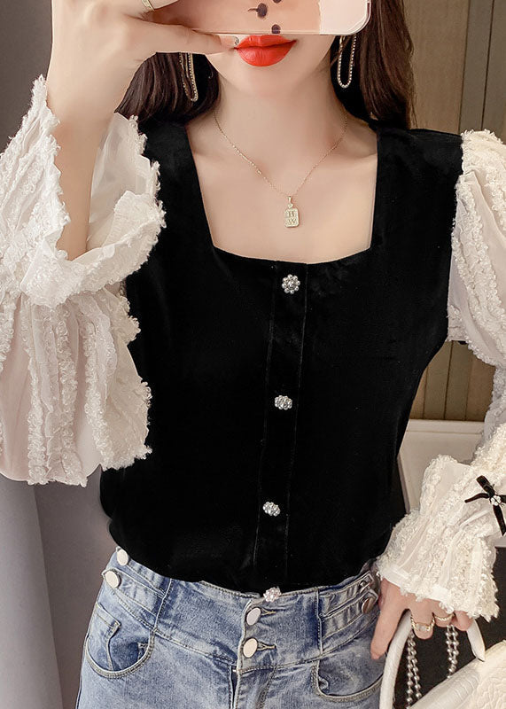 Black White Square Collar Bow Lace Patchwork Tops Spring