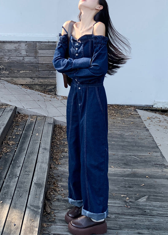 French Denim Blue Cold Shoulder Button Pockets Spaghetti Strap Jumpsuits Sleeveless