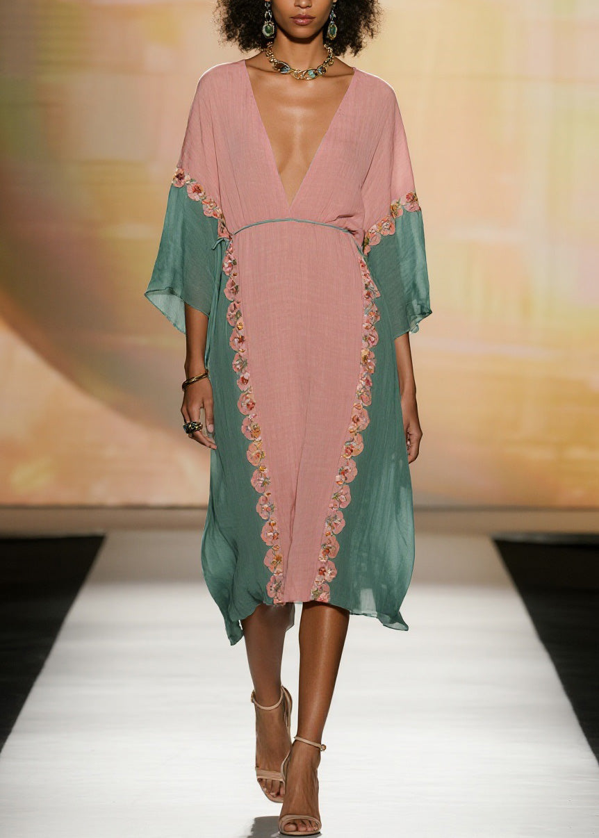Colorblock V Neck Cotton Dress Summer