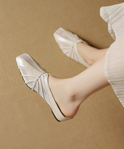 Tulle Splicing Wedge Slide Sandals Gold Cowhide Leather