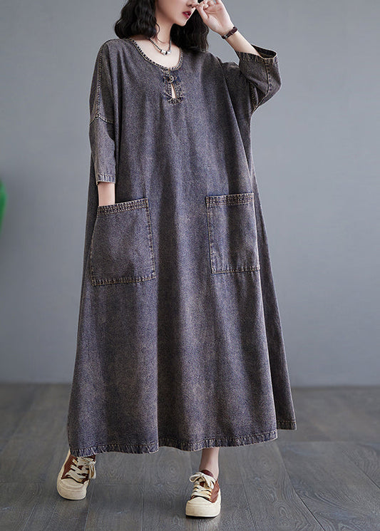 Patchwork Pockets Holiday Denim Long Dress Bracelet Sleeve