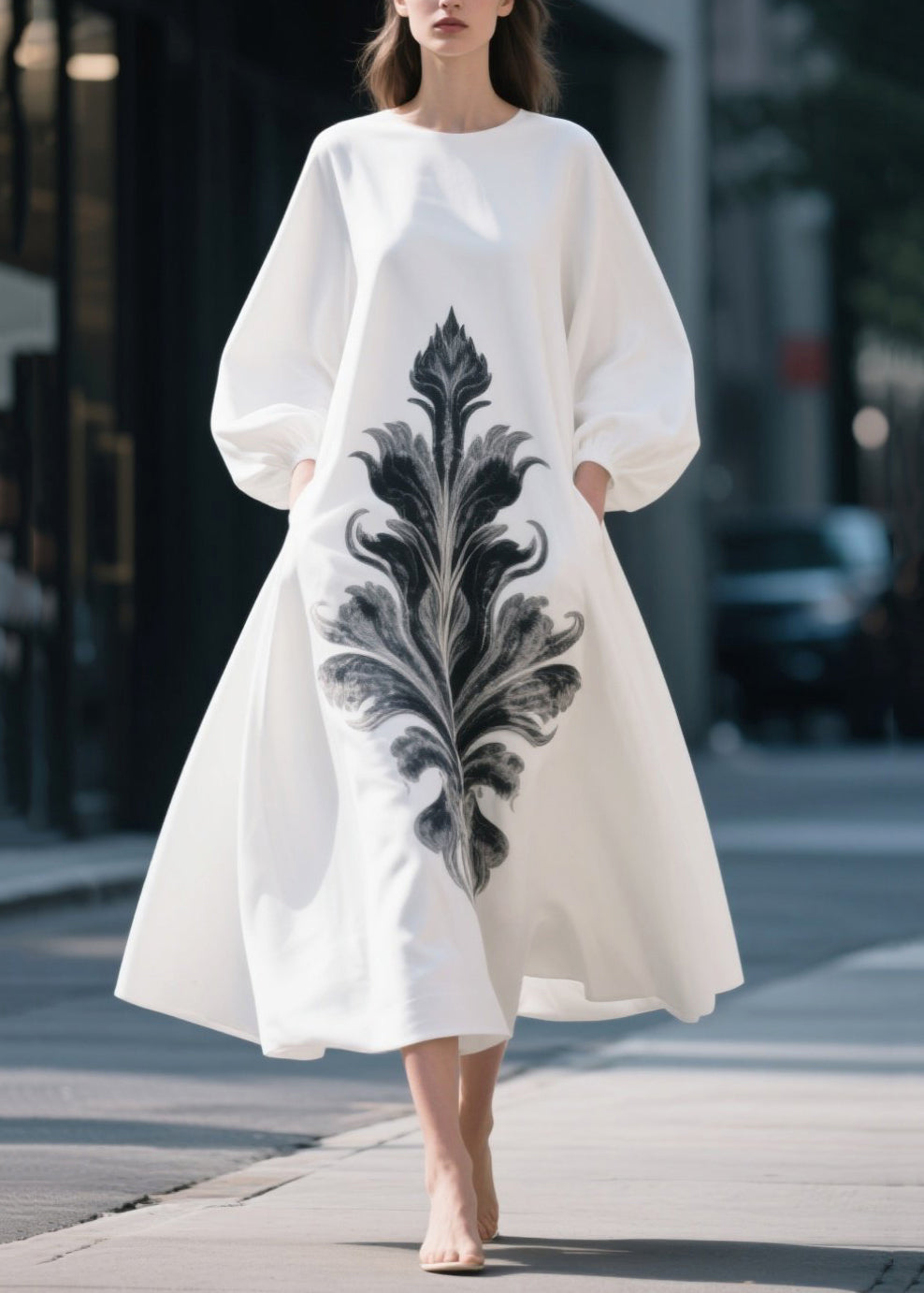 White Oversized Print Chiffon Dress Lantern Sleeve