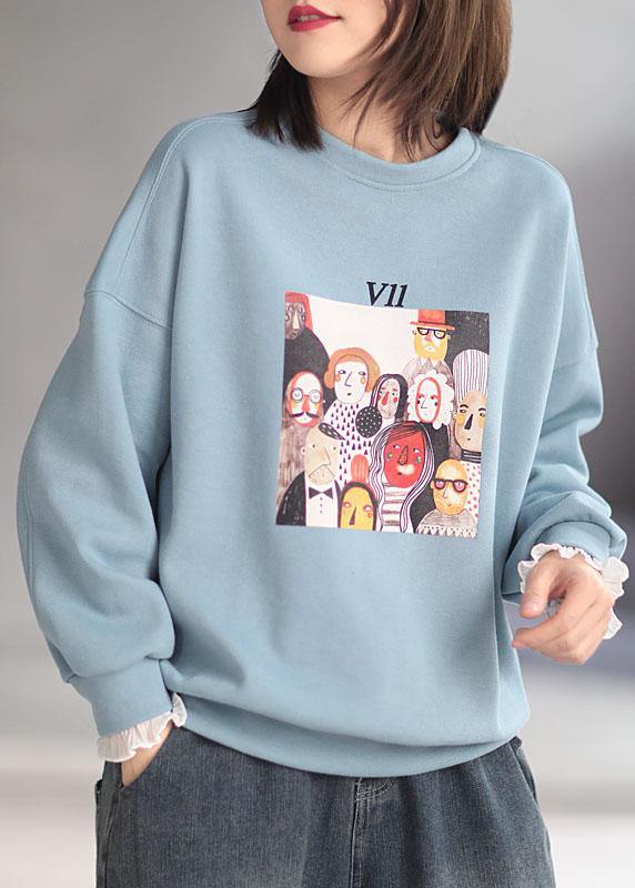 Comfy Blue O-neck Print Fall Sweatshirt