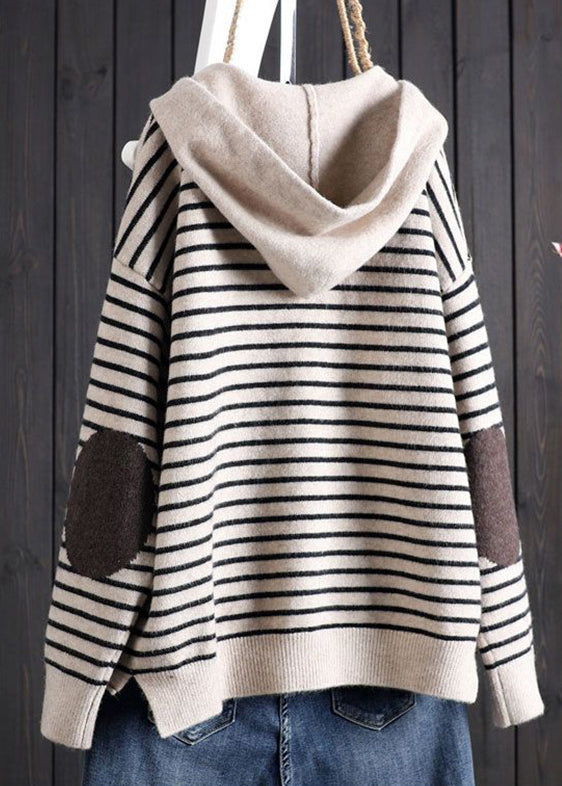 Apricot Striped Patchwork Drawstring Hooded Knitted Cotton Thread Sweaters Fall