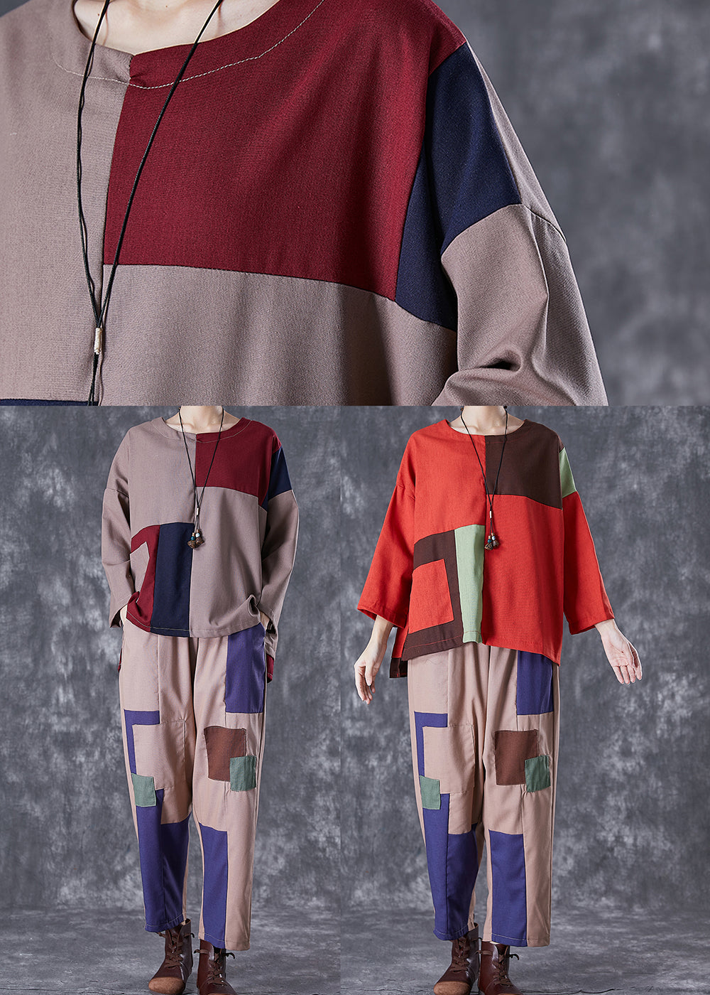 Red Oversized Patchwork Cotton Two Piece Set Clothing Fall