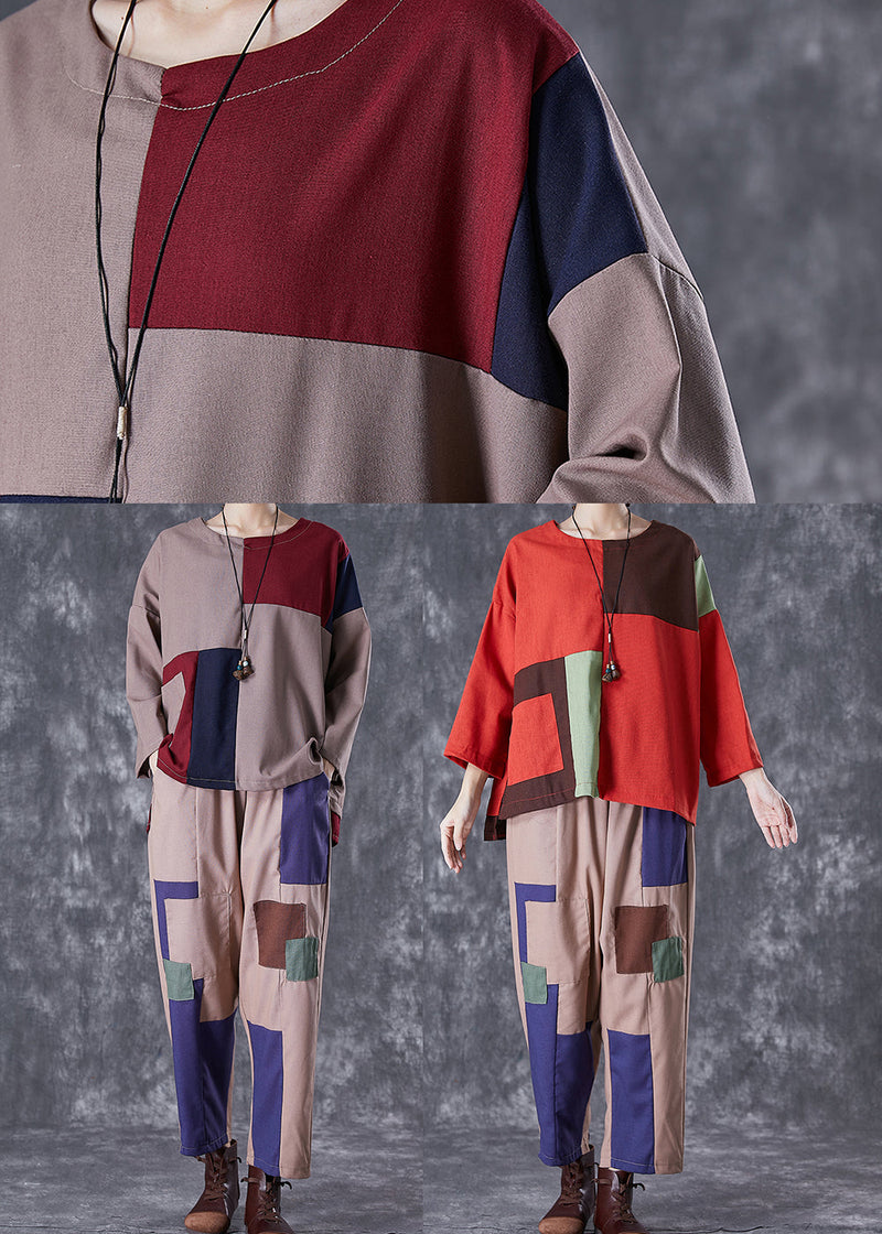 Red Oversized Patchwork Cotton Two Piece Set Clothing Fall