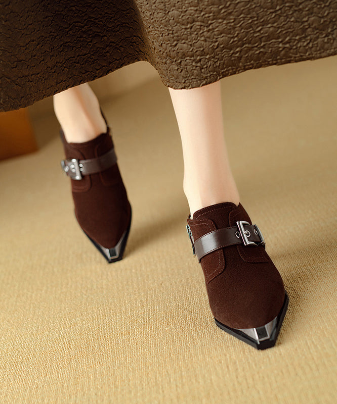 Splicing Chunky High Heels Brown Suede Pointed Toe