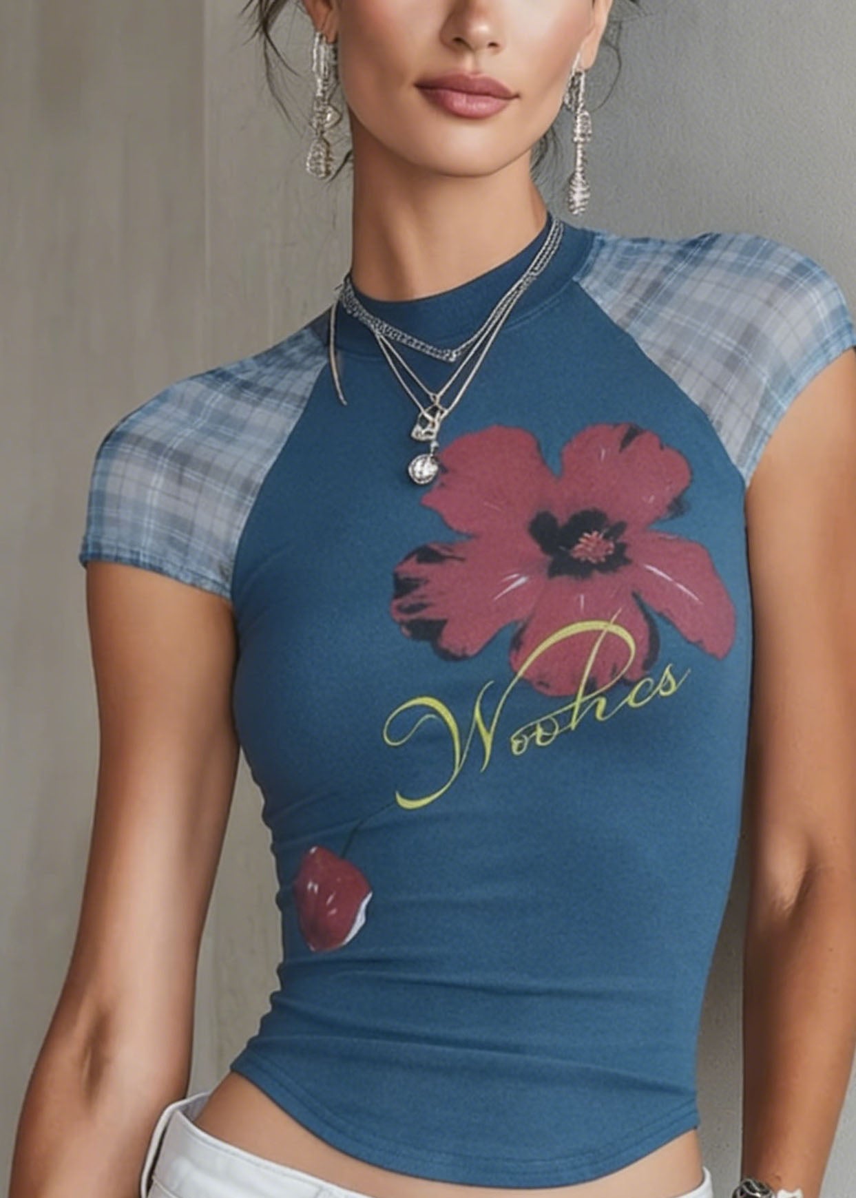 French Blue O Neck Print Cotton T Shirt Top Summer