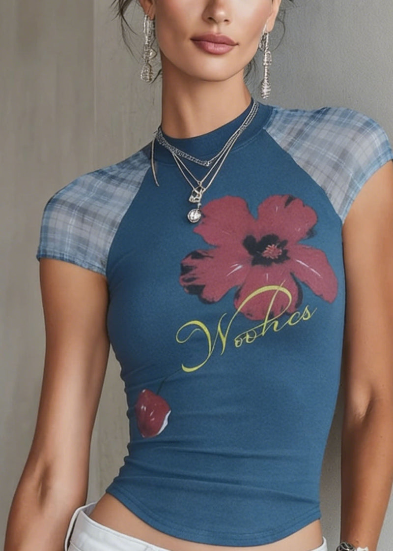 French Blue O Neck Print Cotton T Shirt Top Summer