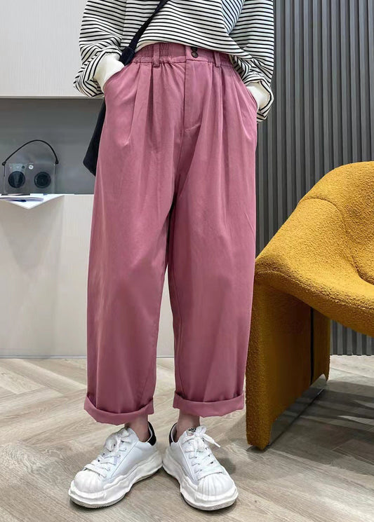 Pink Elastic Waist Wrinkled Pockets Cotton Pants Spring