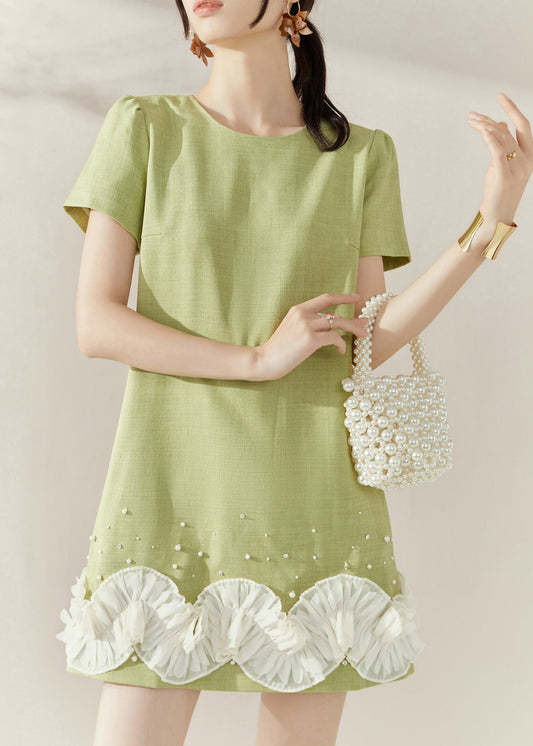 Stylish Green O-neck Mid Dresses Short Sleeve