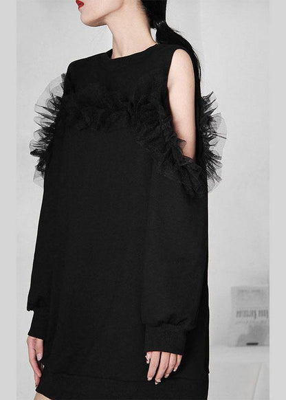 Black Patchwork Tulle Cold Shoulder Long Sleeve Pullover Sweatshirt