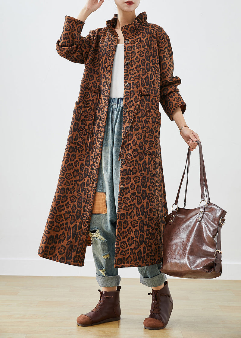 Oversized Leopard Print Cotton Trench Coats Fall