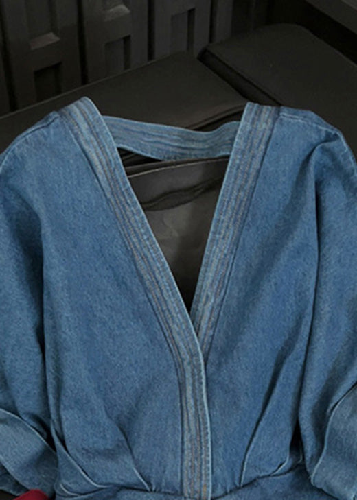 Blue Asymmetrical Bow Patchwork Denim Top Fall