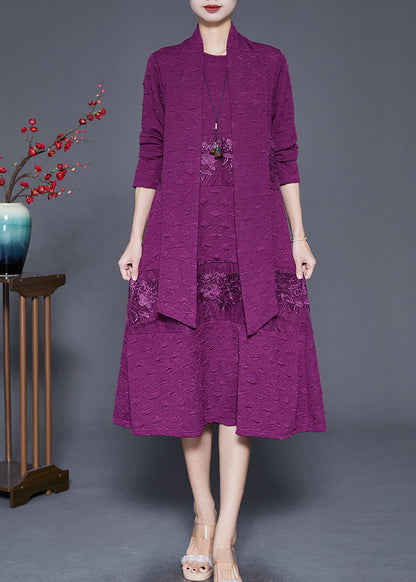 Purple Embroideried Patchwork Scarf Long Dress Fall