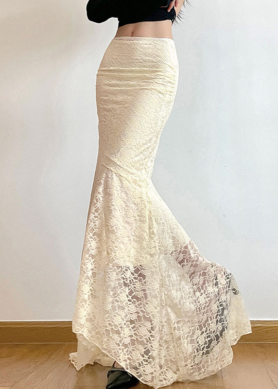 White Wraped Silm Fit Lace Fishtail Skirts Spring