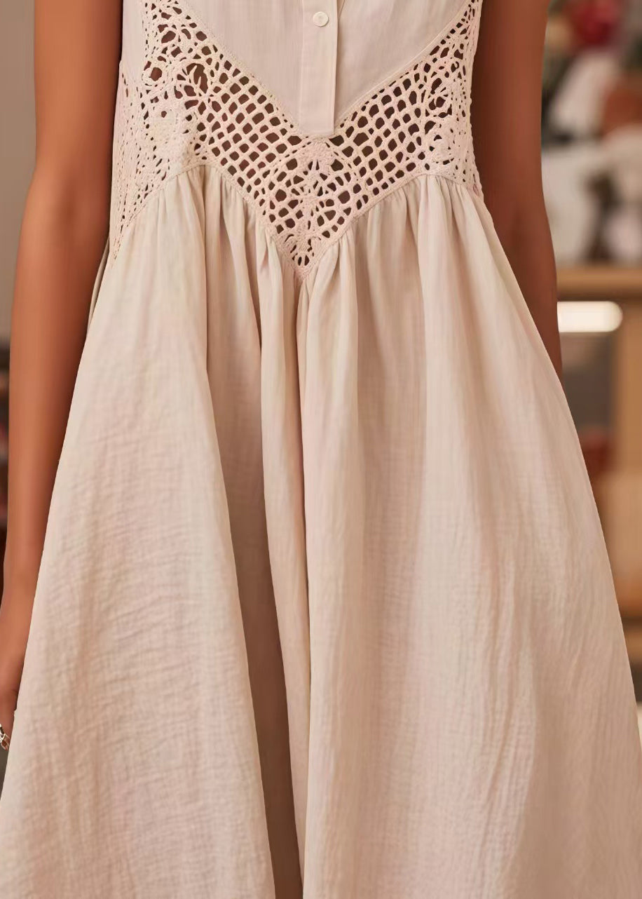 Modern White Peter Pan Collar Patchwork Cotton Lace Dresses Sleeveless Summer
