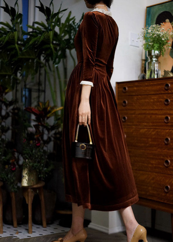 Dark Orange Square Collar Patchwork Silk Velour Long Dress Spring