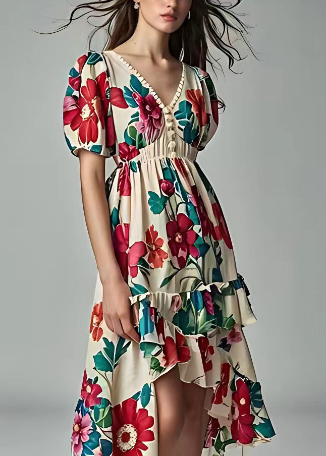 Beige Print Low High Design Cotton Dress Summer