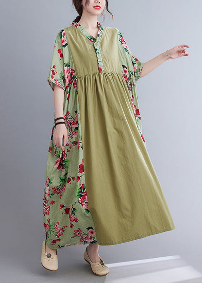 Green V Neck Patchwork Wrinkled Print Long Dresses Short Sleeve