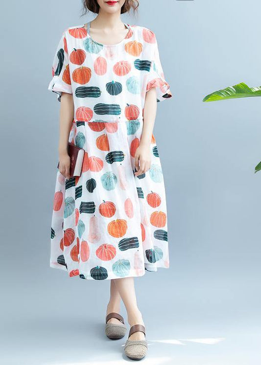 100% Pumpkin Print Robes O Neck Maxi Summer Dress