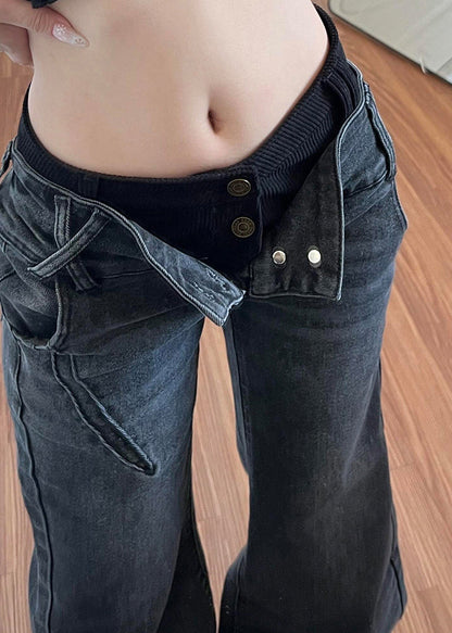 Black Silm Fit Denim Flare Bottoms Pants Trousers Spring