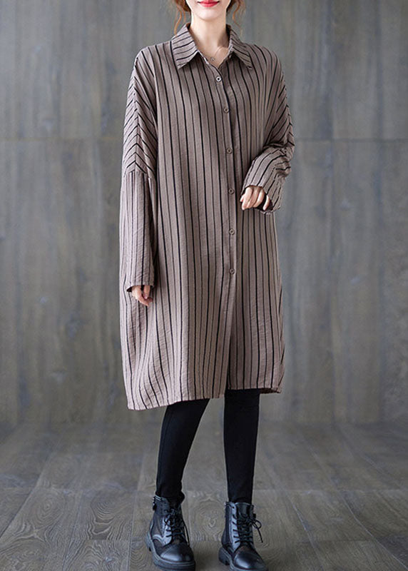 Khaki Peterpan Collar Button Striped Fall Long Sleeve Top