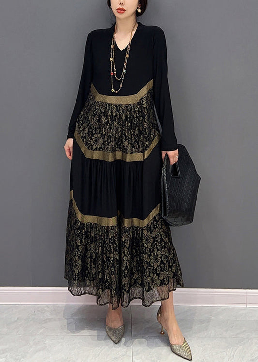 Black V Neck Print Tulle Patchwork Cotton Dresses Fall