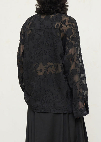 Black V Neck Tie Waist Lace Top Fall