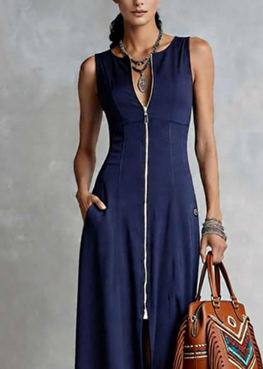 Loose Blue O-neck Zippered Patchwork Maxi Dress Sleeveless
