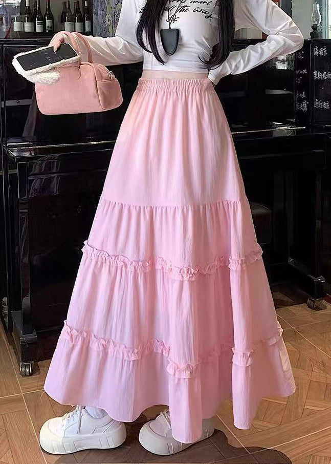 Pink Ruffled Patchwork Cotton Skirt Fall