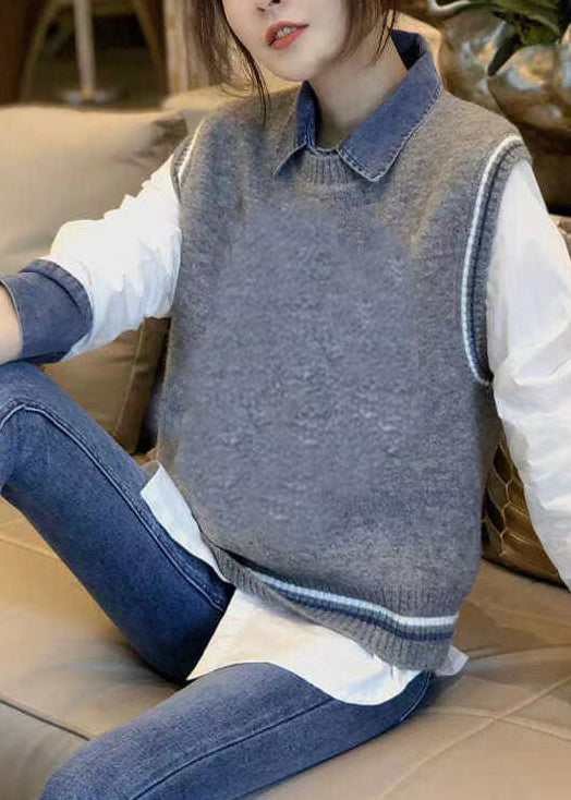 Grey Denim Patchwork Shirt and Vest Autumn New Two-piece Set
