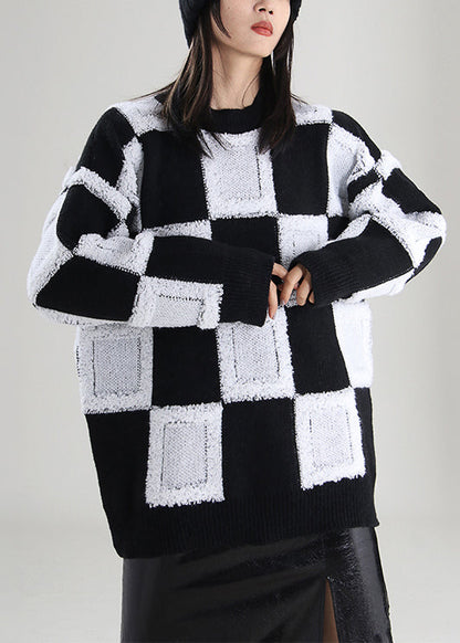 White O-neck Plaid Knit Sweater Tops Spring