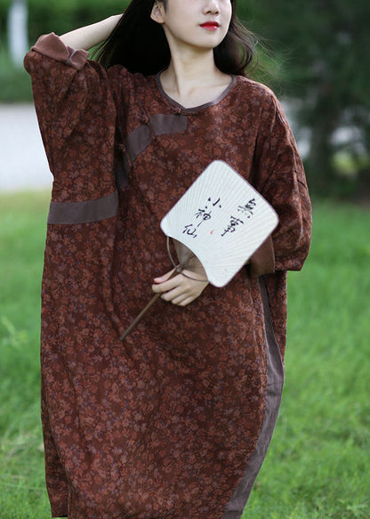 Italian Brown O-neck Oversized Patchwork Print Linen Vacation Dresses Spring