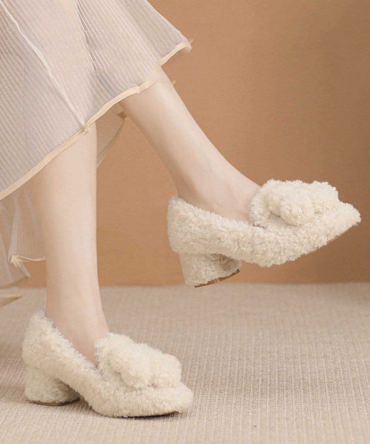 Beige Faux Fur Splicing Chunky High Heels Fuzzy Wool Lined