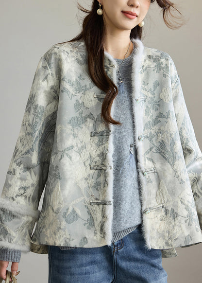 Dark Grey Jacquard Patchwork Faux Fur Cotton Oriental Coats Winter